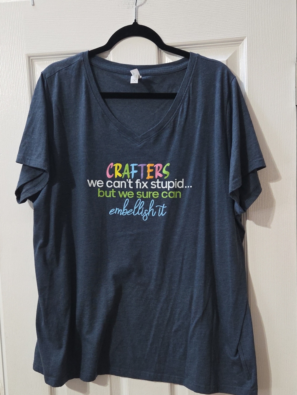 Crafters Graphic V-Neck Tee - Navy with Multicolor Text